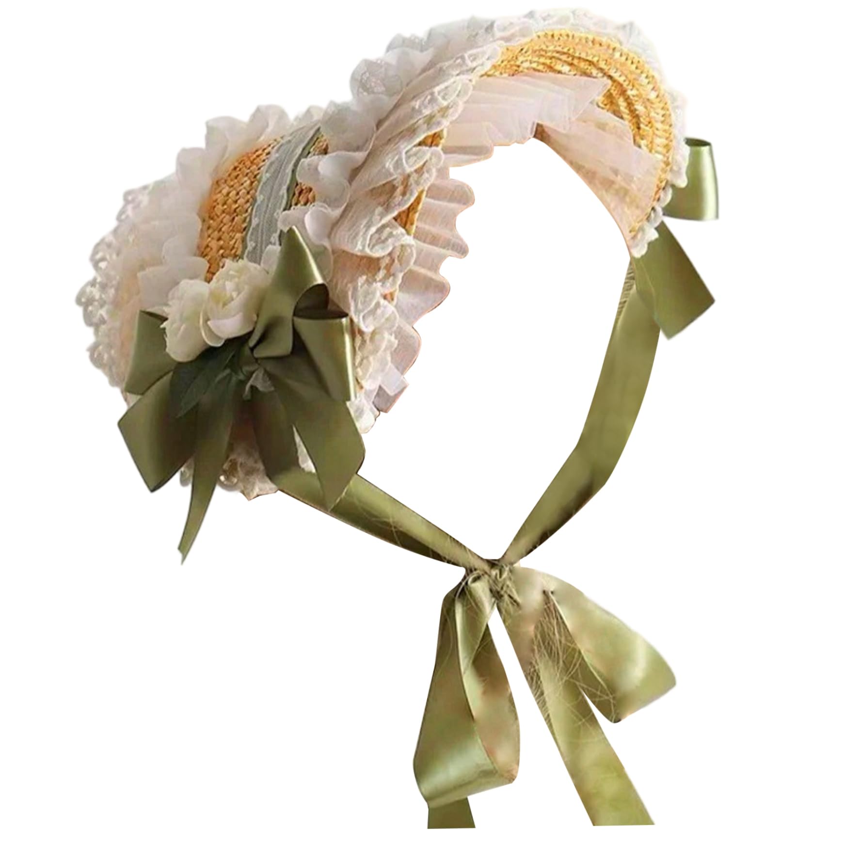 Obelunrp Victorian Hats for Women, Straw Woven Tea Party Hat with Lace Brim, Bow & Chin Ribbon, Lolita Hats for Girls Cosplay Green