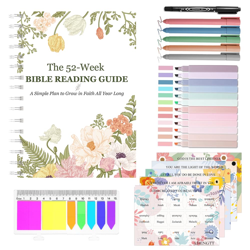 Kit de diario de estudio bíblico de 52 semanas para mujeres, planificador de lectura y reflexión de las Escrituras de un año, cuaderno devocional cristiano con resaltadores, bolígrafos y pestañas de