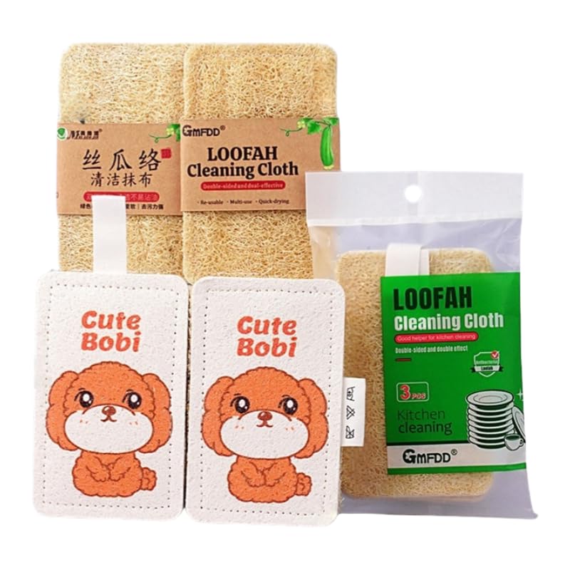 Esponjas de lufa orgánicas (paquete de 6). Esponja lavavajillas de algodón y pulpa de madera de lufa natural comprimida de doble cara. para fregar la ducha y limpiar la cocina. - Amapola linda.