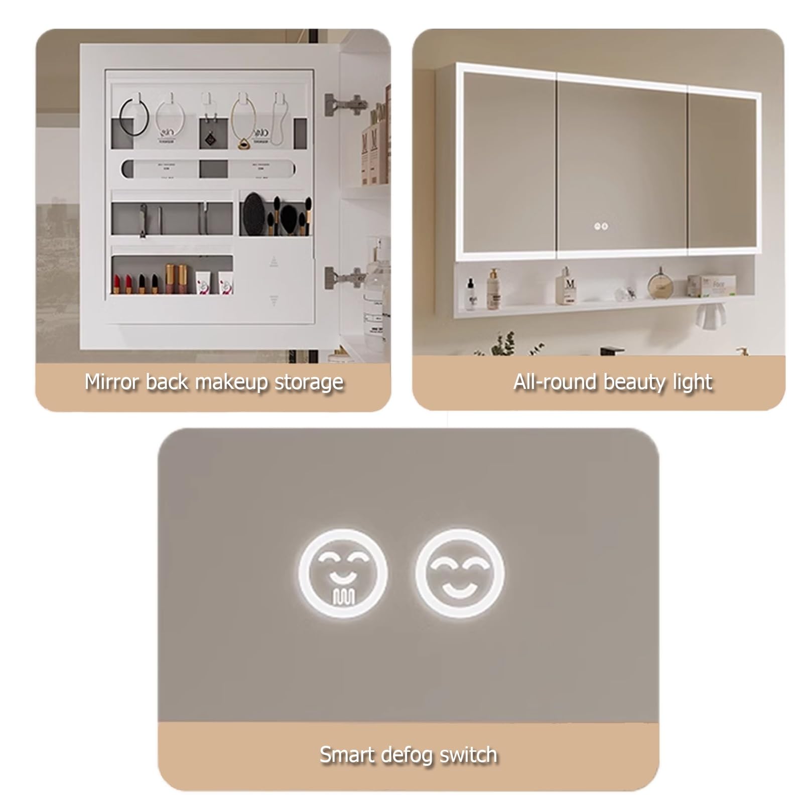 Armario espejo baño con luz,armario baño con espejo y luz led,LED espejo con almacenaje de maquillaje,armario baÃo con Interruptor Táctil,visualización de la hora(Beige,W70*H70cm/W27.5*H27.5in)