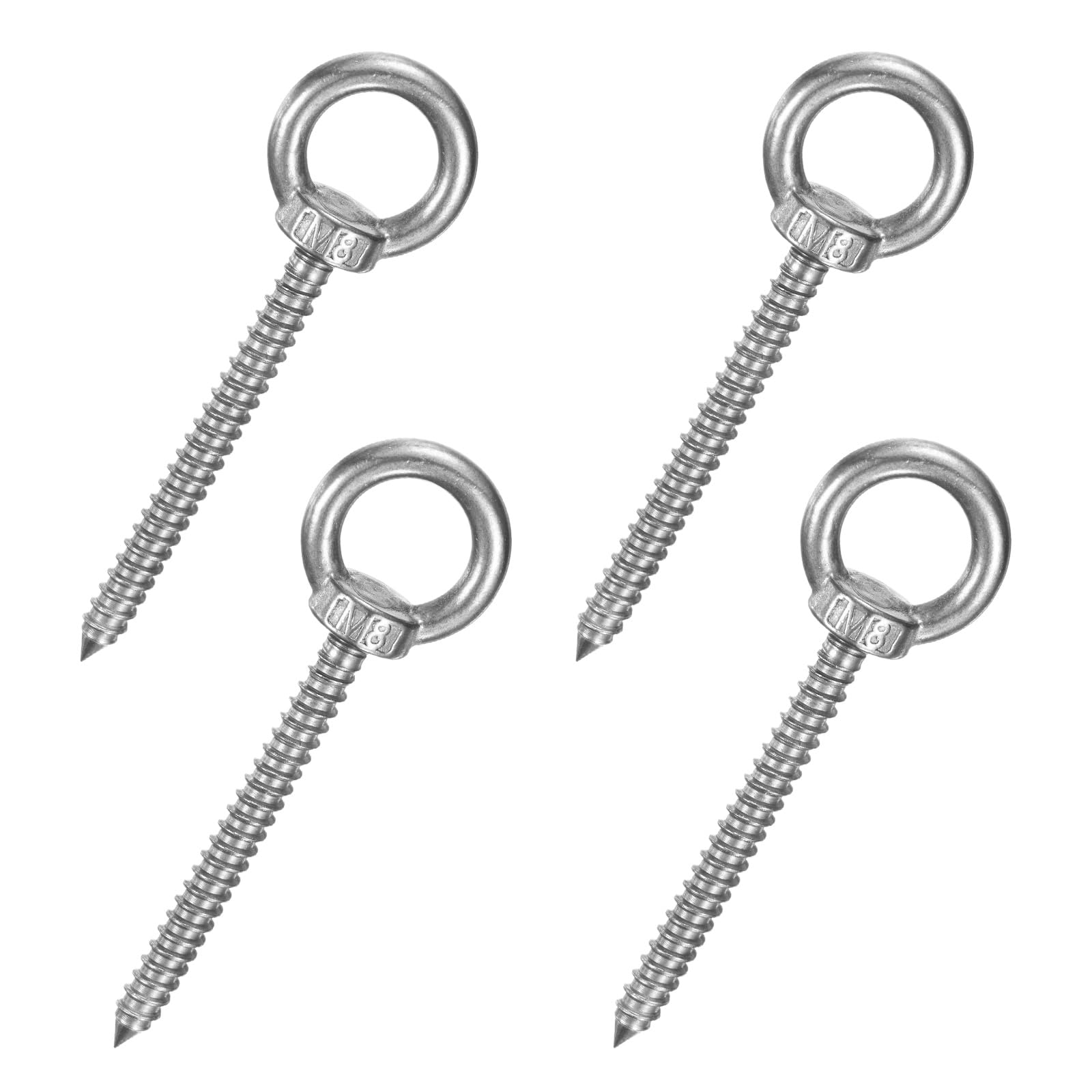 M METERXITY 4-Pack 304 Stainless Steel Eyebolt M8x80mm Shoulder Lifting Eye Bolt Self Tapping Eye Bolts for Wood Securing/Swing/Hanging Hammocks Silver