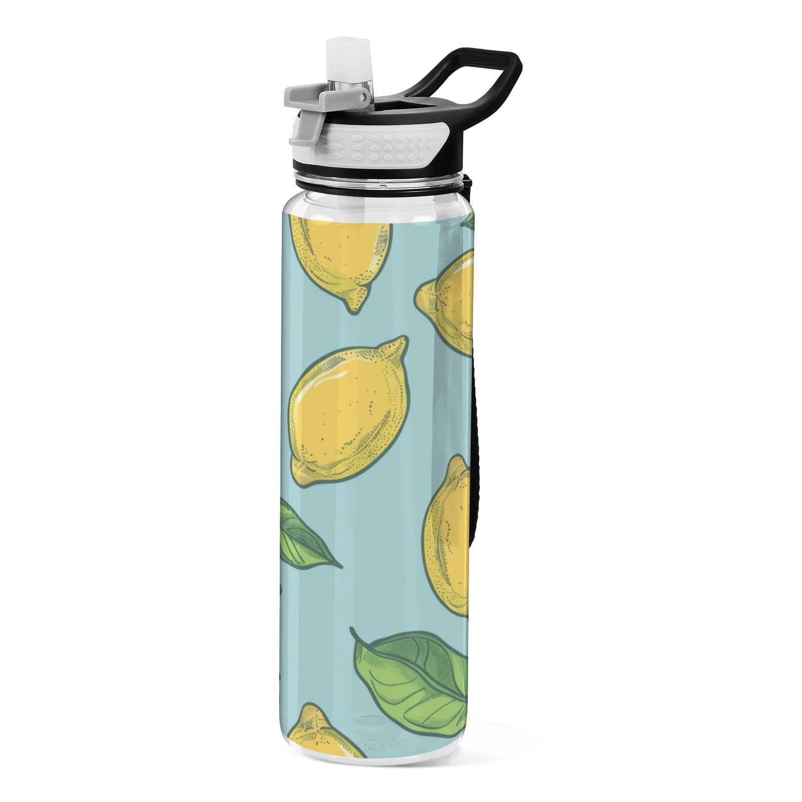 Grckit Lemon Pattern Water Bottle 32oz Tritan BPA-free Leak-proof Sports Water Bottle with Carry Strap for Hiking Camping Gym Outdoors