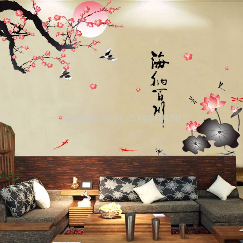 Tddpm Romantic Plum Blossom Lotus Flower Birds Moon Wall Stickers Home Decor Living Room Chinese Quote Wall Decal Pvc Mural Art Poster