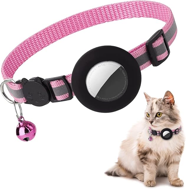 Airtag Cat Collar, Air tag Cat Collar with Bell and Safety Buckle in 3/8" Width, Reflective Collar with Waterproof Airtag Holder Compatible with Apple Airtag for Cat Dog Kitten Puppy (Pink)