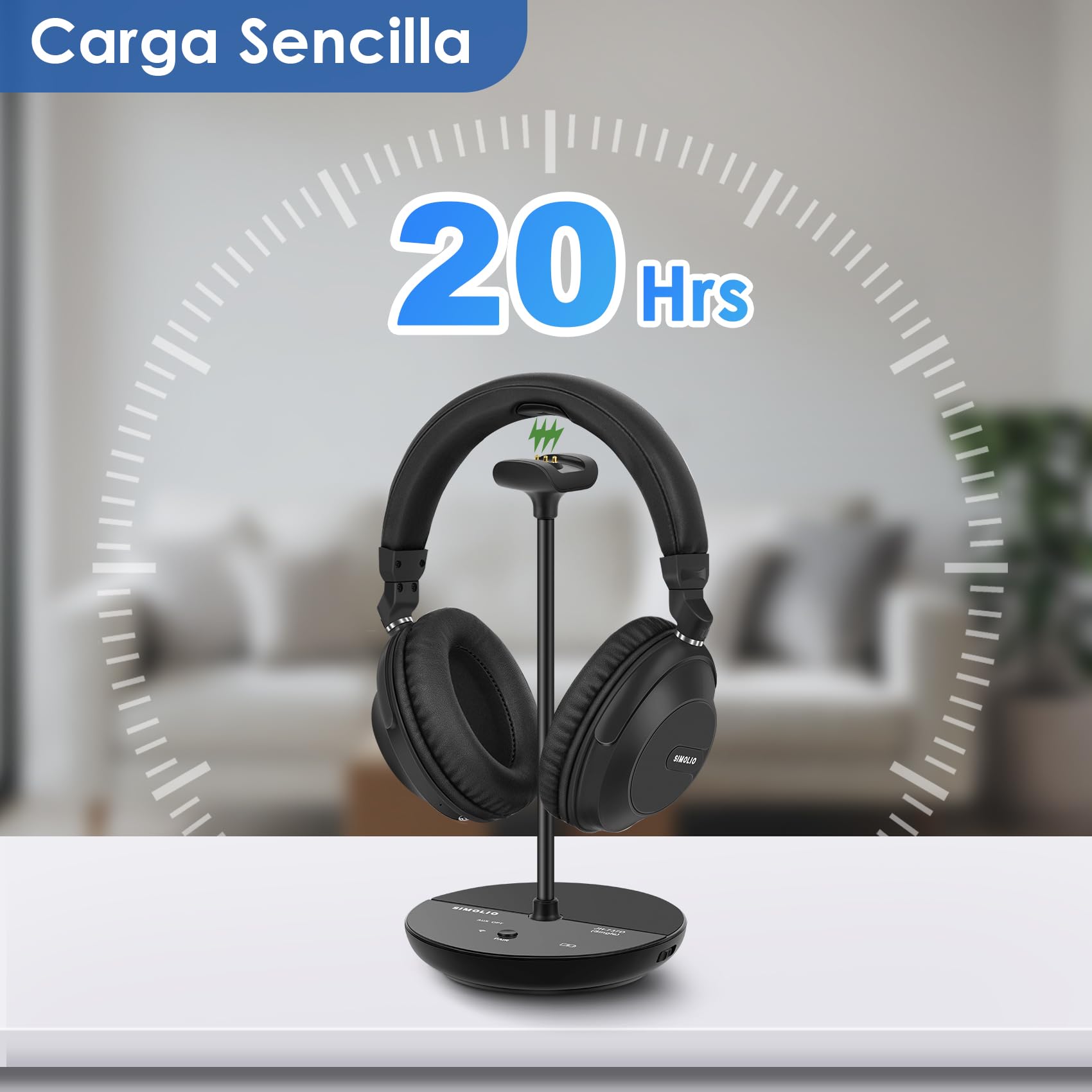 SIMOLIO 737D1 Auriculares Bluetooth TV para Persona Mayore con Voz Clara | Modo TV y BT, Control de Tono, Optico/RCA/AUX, Conexión para Soundbar, Base de Carga, Sin Retardo, Larga Autonomía, 50M