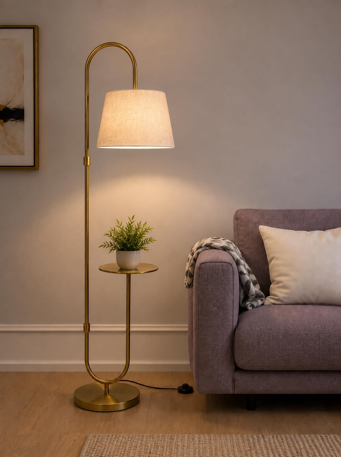 Modern Table Shelf LED Floor Lamp Standing Brass Gold Antique Finish 5ft Height with Shelf Diameter 10 Inches and Off White Lampshade-image-34