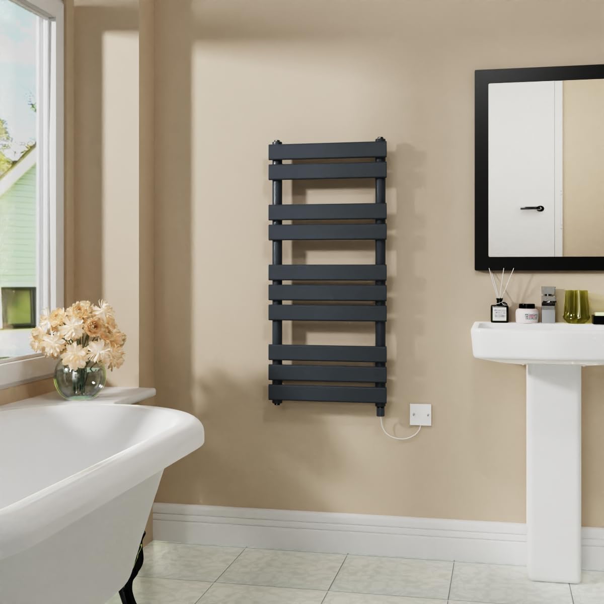 Warmehaus Sand Grey Electric Flat Panel Heated Towel Rail Bathroom Ladder Radiator Warmer 1000X450mm 600W