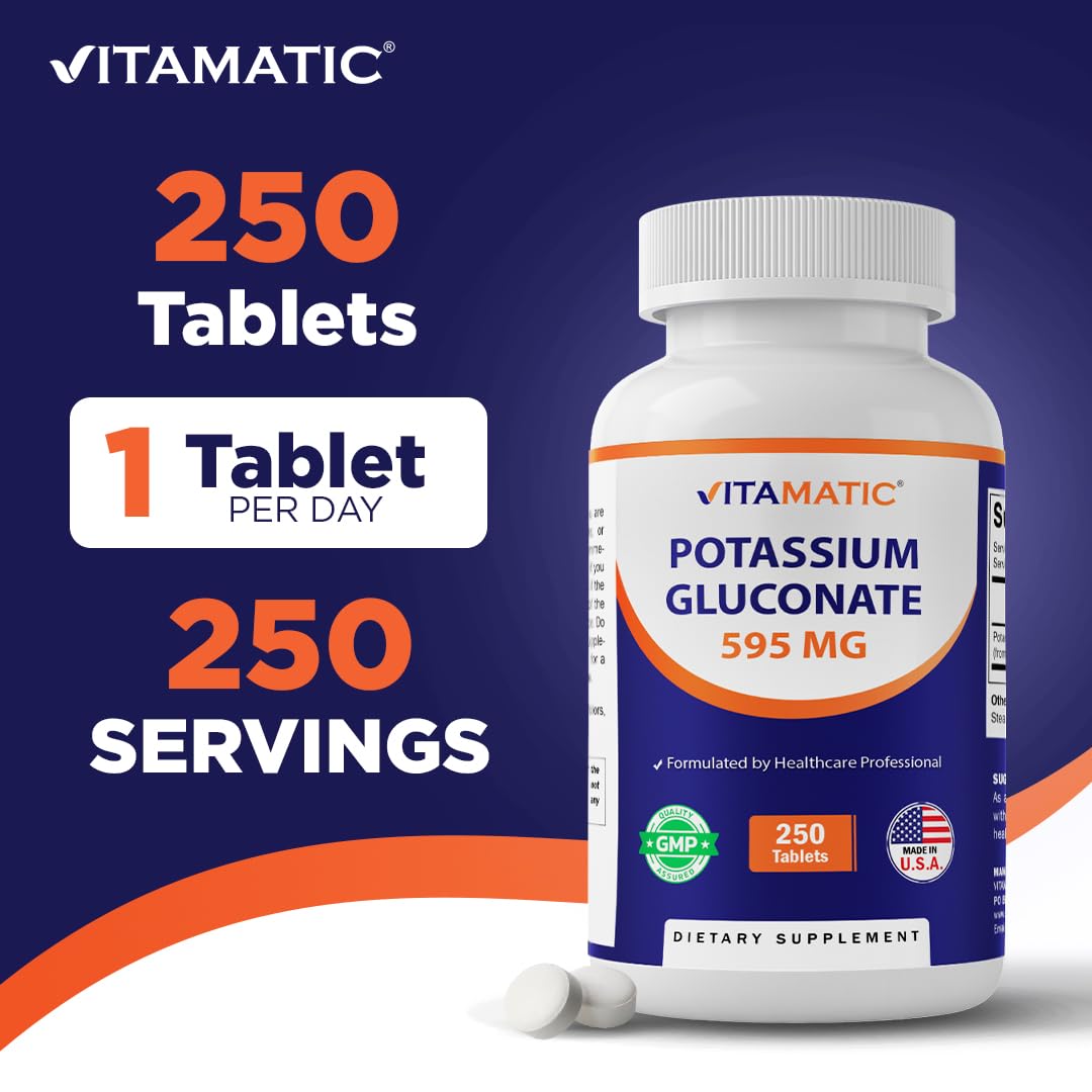 Vitamatic Potassium Gluconate 595 mg – Supports Heart, Muscle & Electrolyte Balance – 250 Tablets – Non-GMO, Made in USA — Amazon image 3