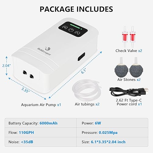 Miniatura 9 de fishkeeper Bomba de aire de acuario alimentada por batería, aireador recargable por USB, bomba de aire para tanque de peces para 5-125 galones,