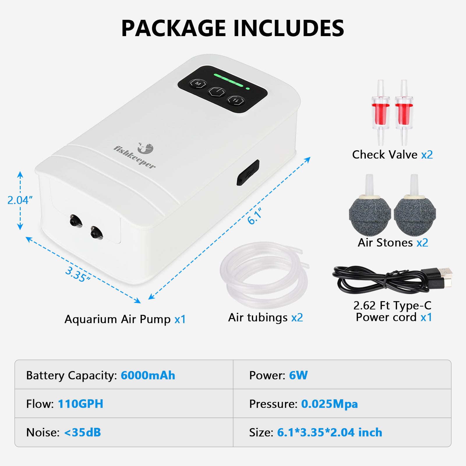 fishkeeper Pompe à air pour aquarium, batterie au lithium rechargeable par USB, pompe pour aquarium portable de 1,5 à 750 litres, aérateur portable pour la pêche en plein air, les pannes de courant et