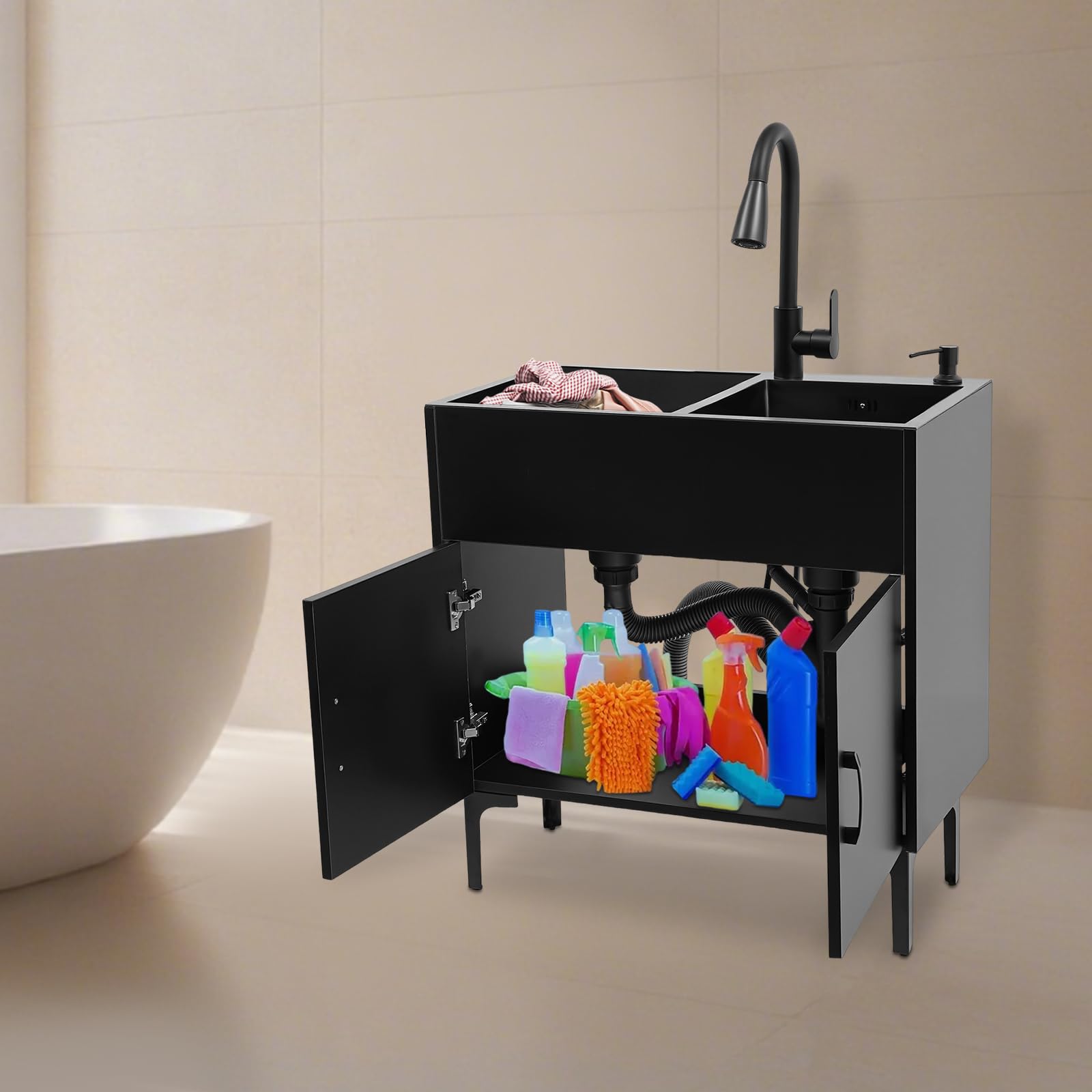 Armario de cocina negro de 75 x 41 cm con doble lavabo y grifo extraíble, fregadero de cocina independiente con escurridor y sifón, juego completo para cocina, cuarto de lavado, color negro