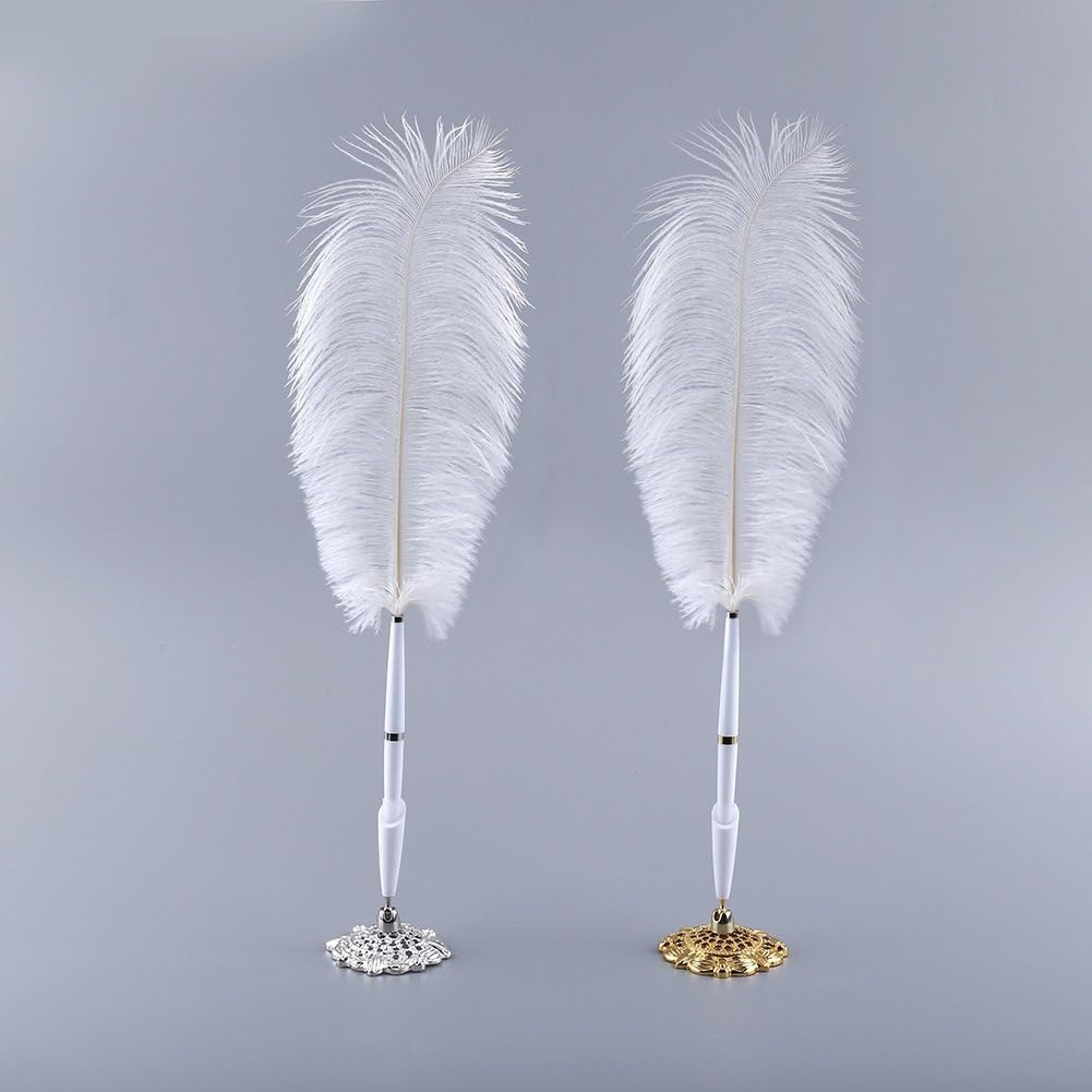 Yosoo Quill Pen White Signing Pen Wedding Reception Guest Pen with Gold/Silver Metal Base (Gold)
