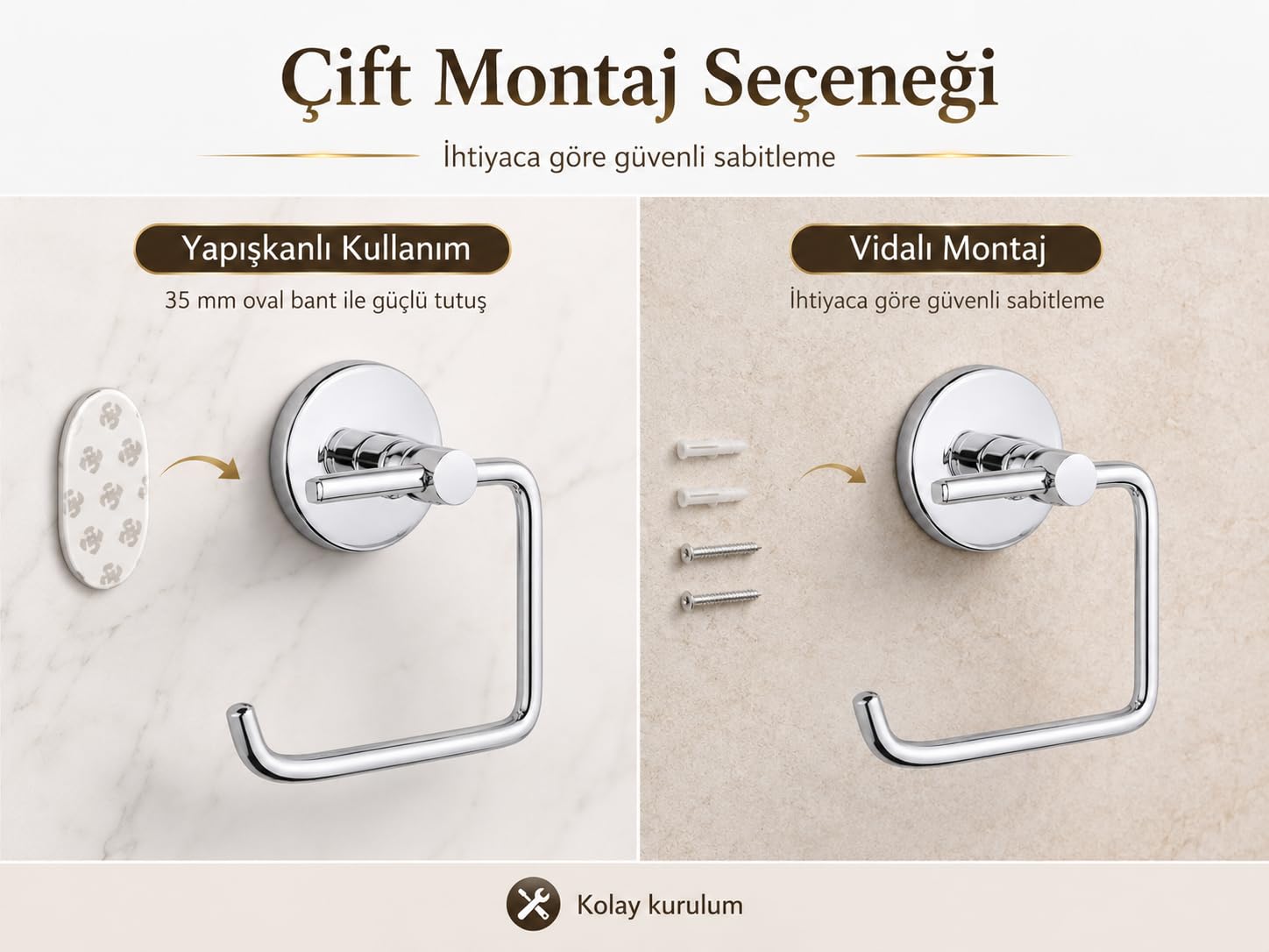 Alper Banyo Tuvalet Kağıtlığı 304 Paslanmaz Çelik, 5 Yıl Garantili, Yapışkanlı ve Vidalı Montajlı, Krom Banyo Wc Kağıt Havluluk