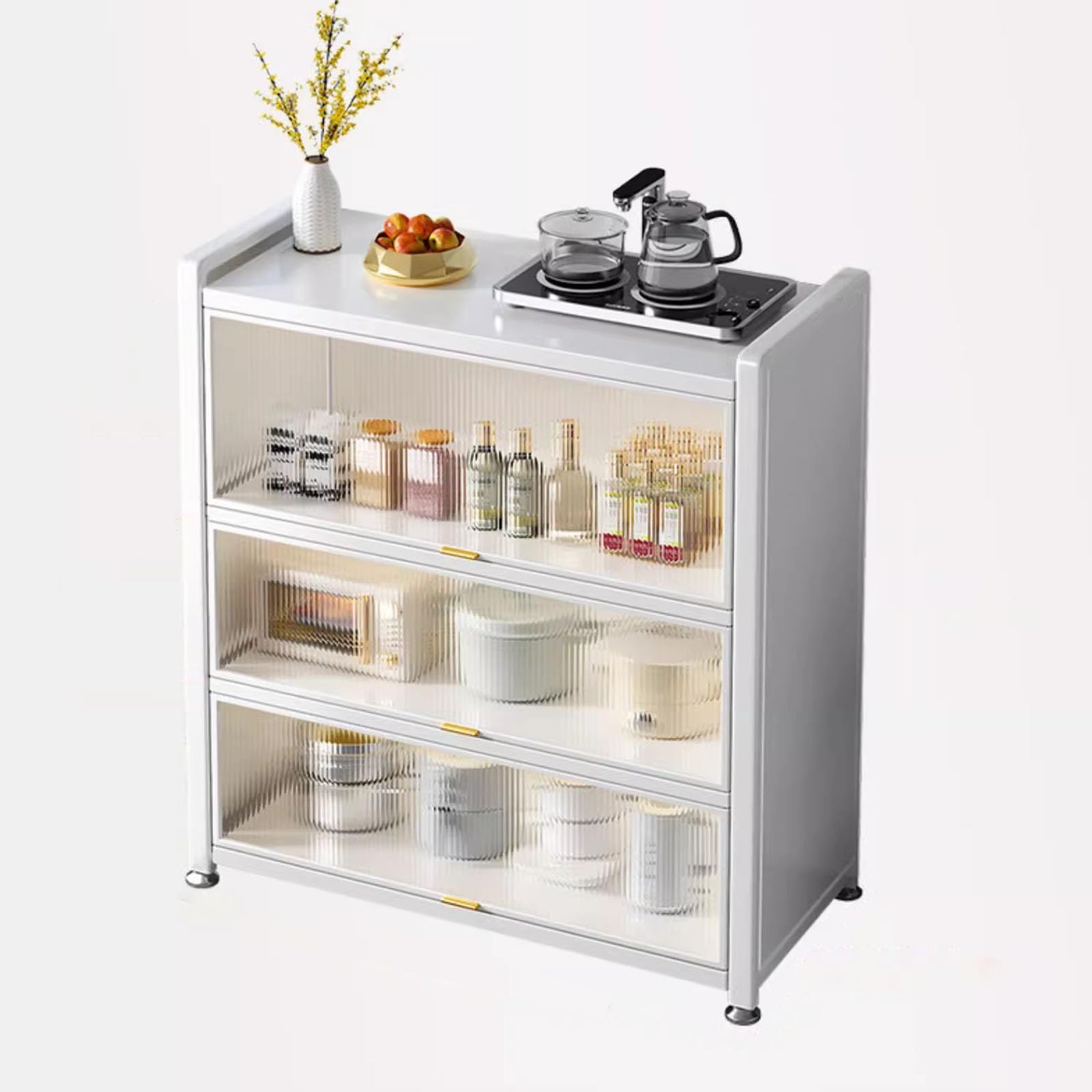 Mobile Credenza Cucina Dispensa con Porta Visiva in Acrilico, Materiale in Acciaio al Carbonio Quattro Livelli di Spazio di Archiviazione, a Cucina, Soggiorno, Studio, Bianco(120cm)