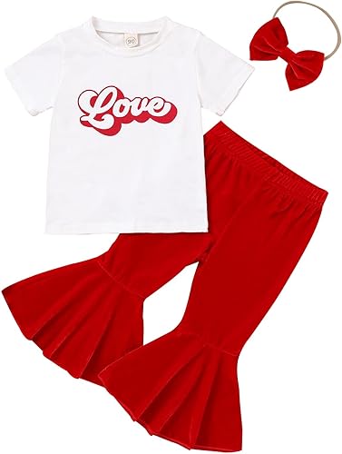 TBUIALL Ropa de bebé niña para el día de San Valentín, manga corta, camiseta con letras, sin botones, pantalones acampanados, conjunto de ropa para