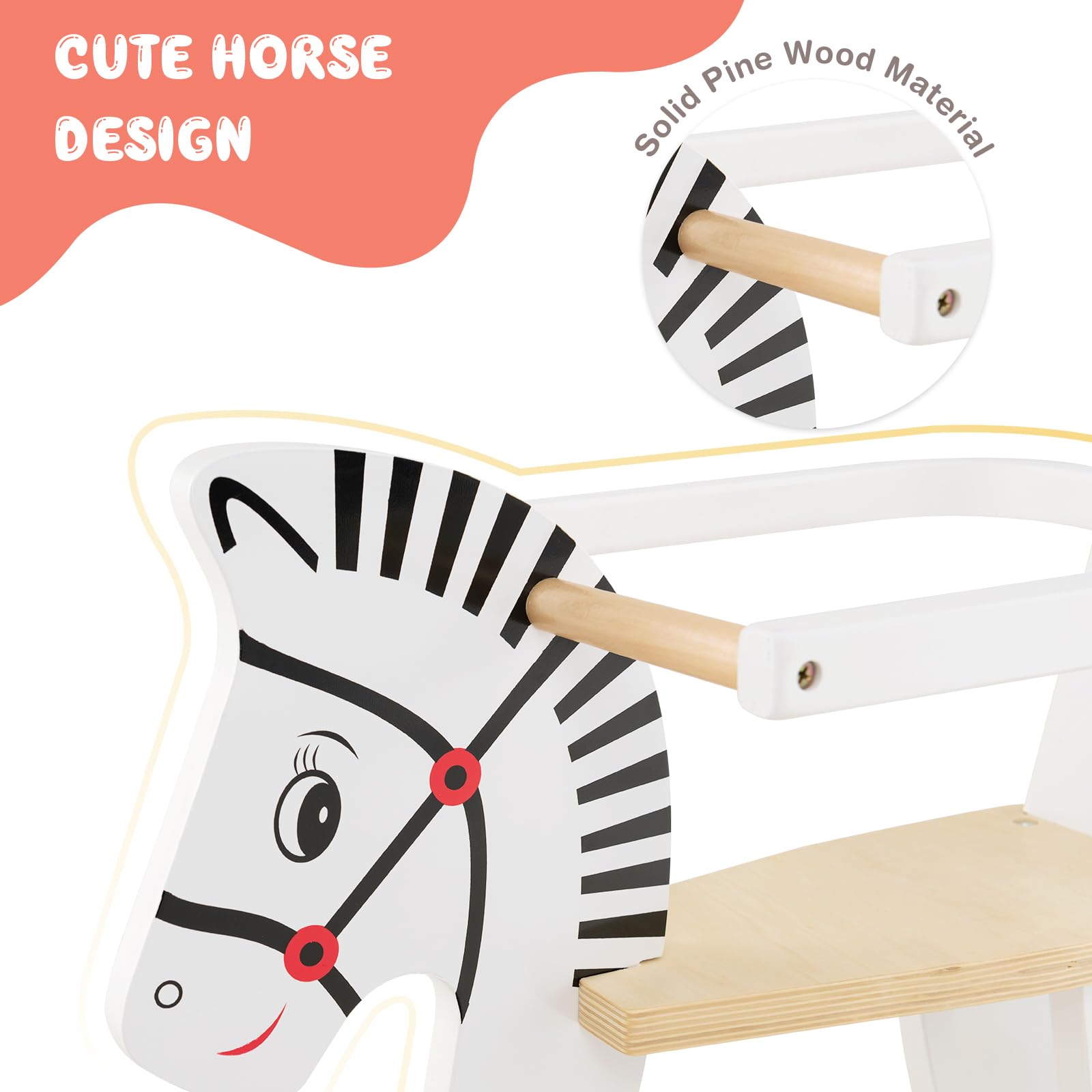 HOMASIS 2 in 1 Schaukelpferd Zebra, Baby Schaukelstuhl aus Holz, Weiß Schaukeltier mit Abnehmbarem Zaun & Griffe & Fußstütze, Schaukelwippe Tragkraft 40 kg, Schaukelspielzeug für Kinder ab 3 Jahren