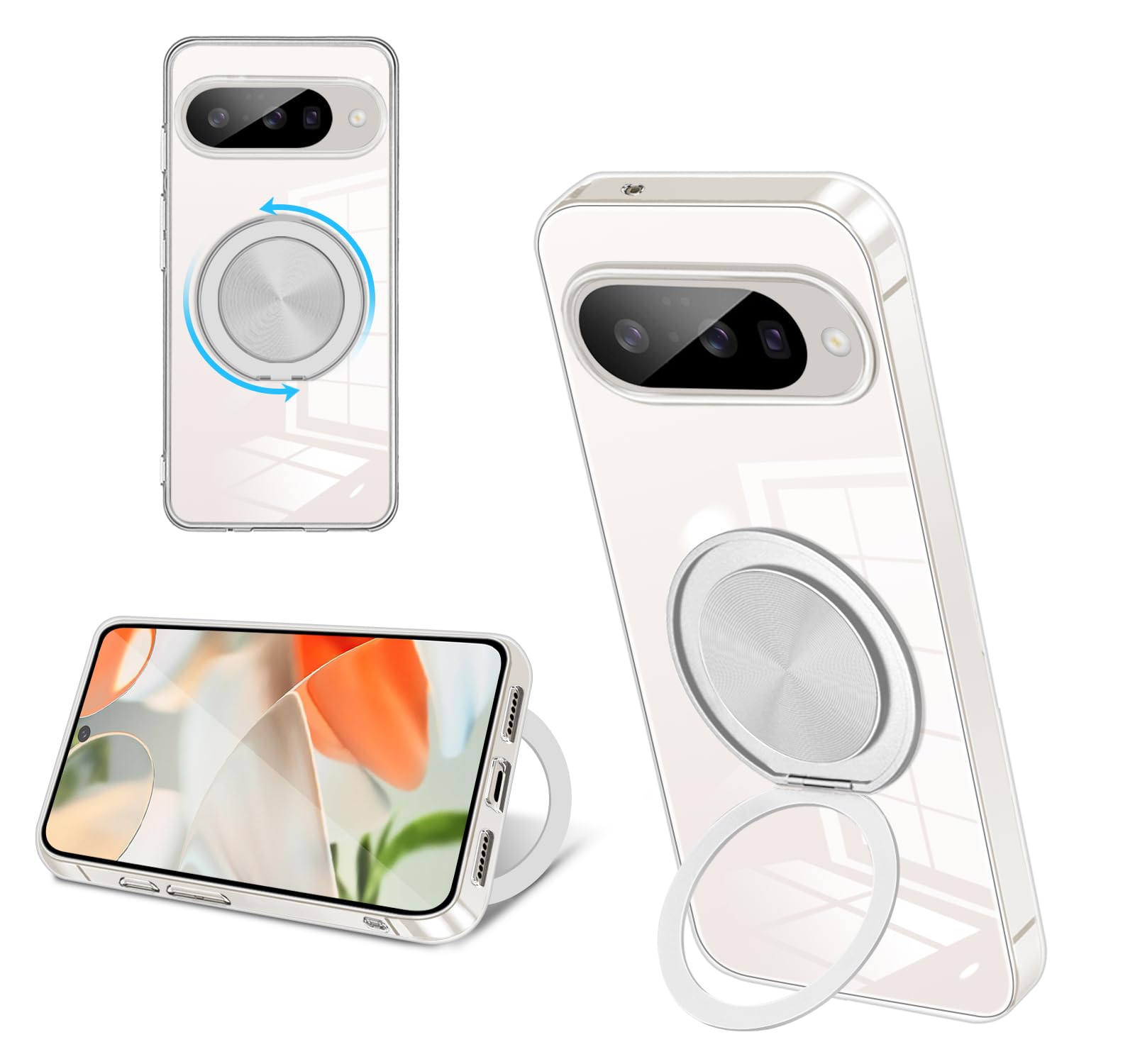 Google Pixel 10/Pixel 10 PRO ケース クリア シリコン MagSafe対応 リング付き 360°回転スタンド 縦横両対応 アジャスタブルスタンド マット仕上げ 耐衝撃 スマホ ケース グーグル ピクセルカバー 衝撃吸収ポケット内蔵 TPU 薄型軽量 ストラップホール付き Google Pixel 10/Pixel 10 PRO 保護カバー