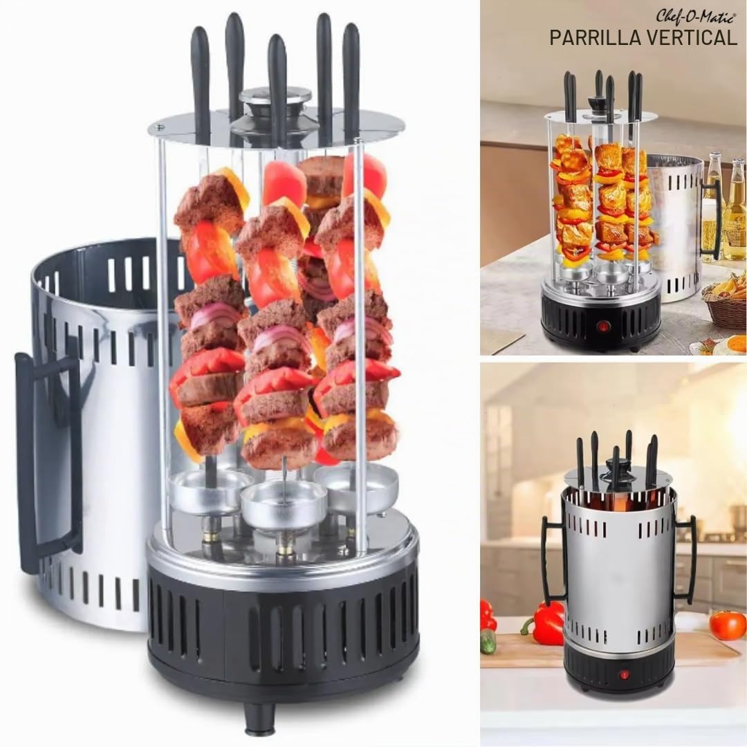 Parrilla vertical sin aceite ni grasa, 1000w, 6 brochetas, Parrilla de Doner, Rotación automática 360º, fácil de limpiar, Barbacoa, Horno eléctrico para brochetas a la parrilla, Kebab