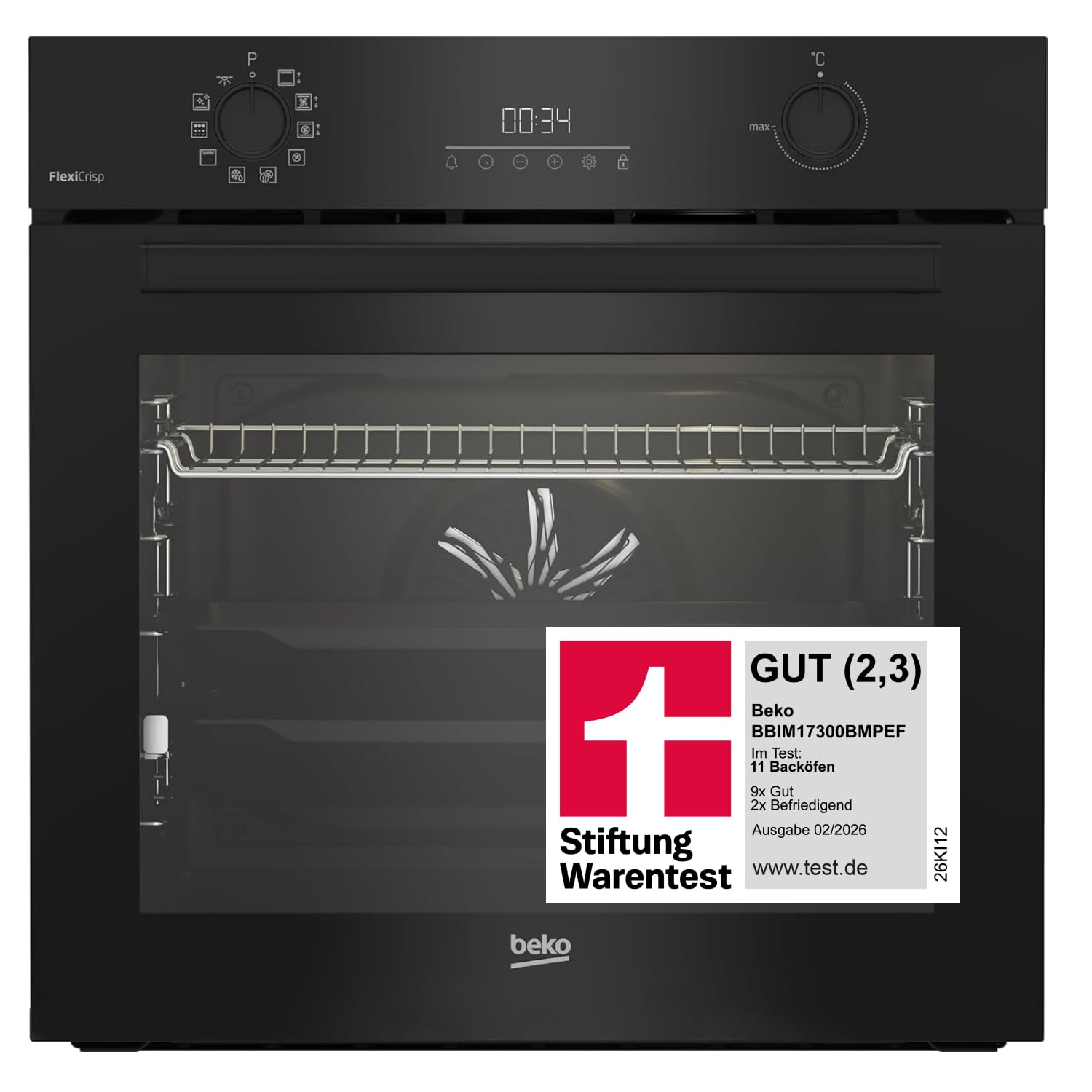 Beko BBIM17300BMPEF b300 Einbau-Backofen, 72 l Garraumvolumen, 10 Funktionen, AeroPerfect, FlexiCrisp, Pyrolyse, SteamShine Reinigung, SoftClose Tür, versenkbare Knebel, Teleskopauszug, Schwarz