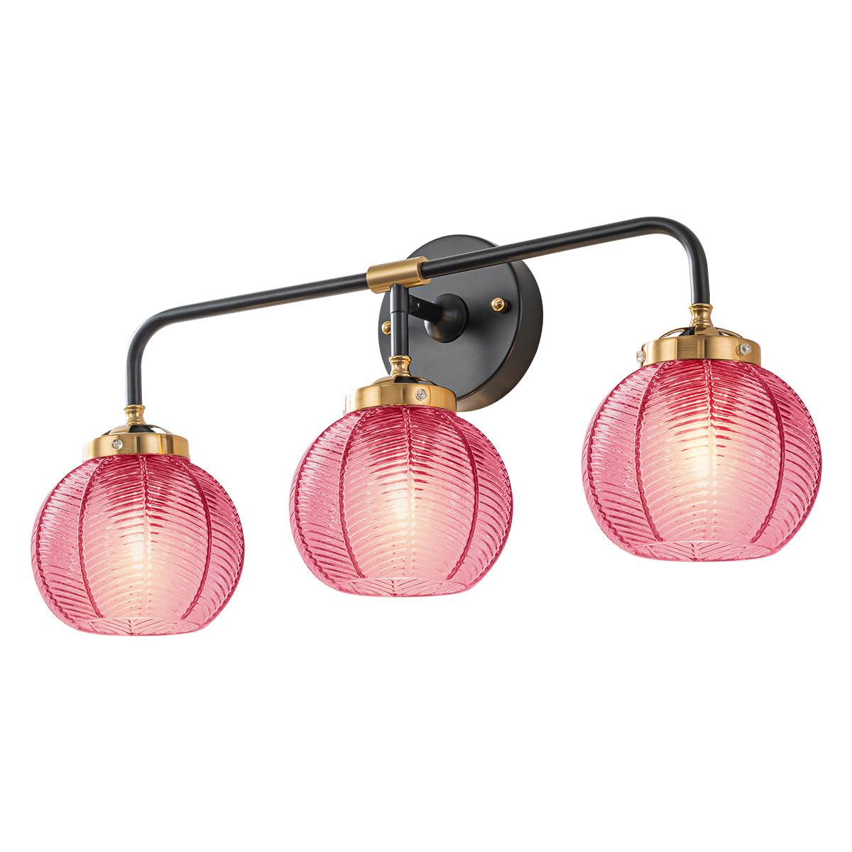 Glass Bathroom Vanity Light Red Ribbed Glass Wall Light Fixtures 3-Light 23.6 Inch Mid Century Bathroom Lights Fixture Globe Vanity Lamp Over Mirror Wall Sconce for Bedroom Hallway