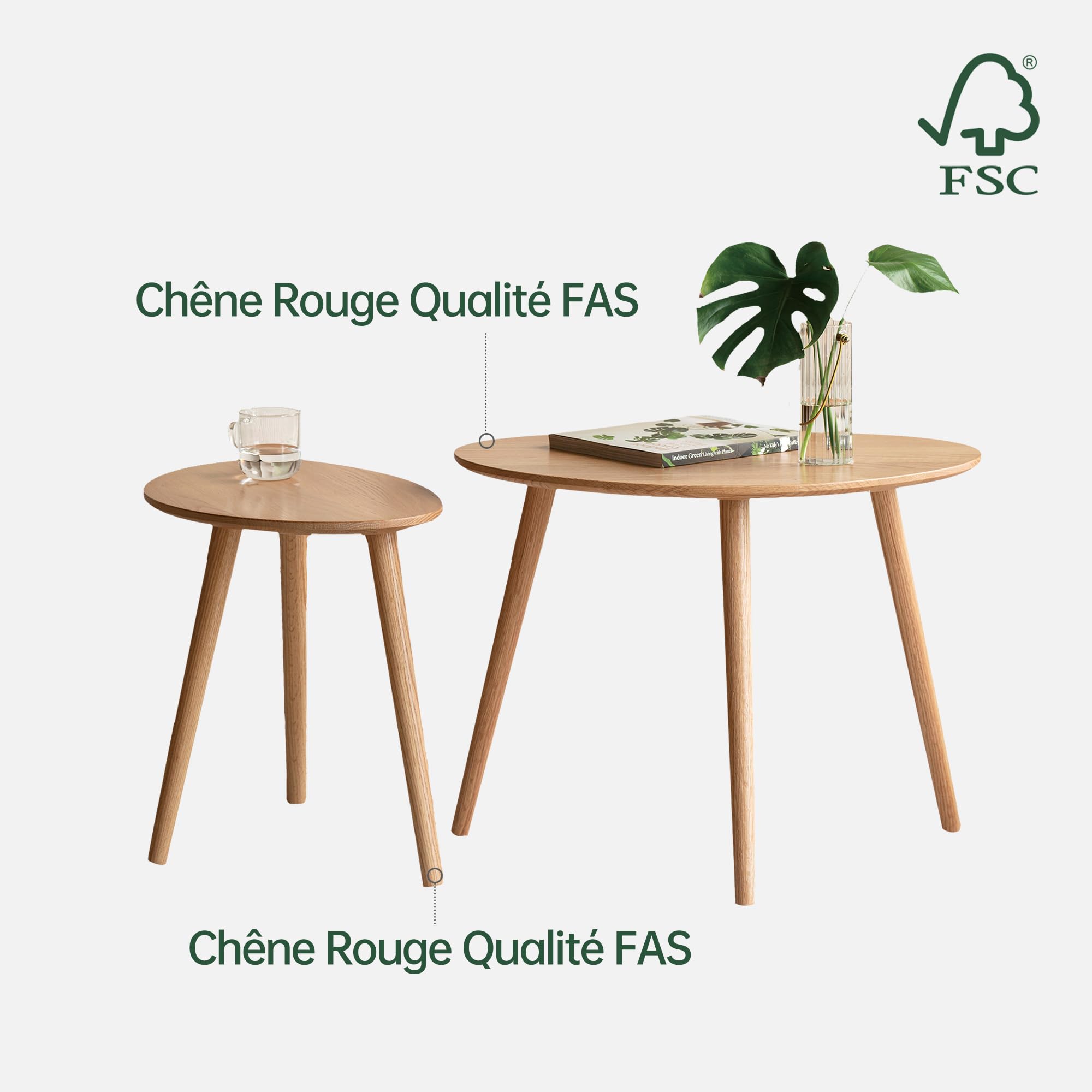 YESWOOD Lot de 2 Tables Gigognes Ovales Chêne Massif, Chêne Naturel | Design Galets, Table Basse, Table d'Appoint, Pour Salon, Balcon
