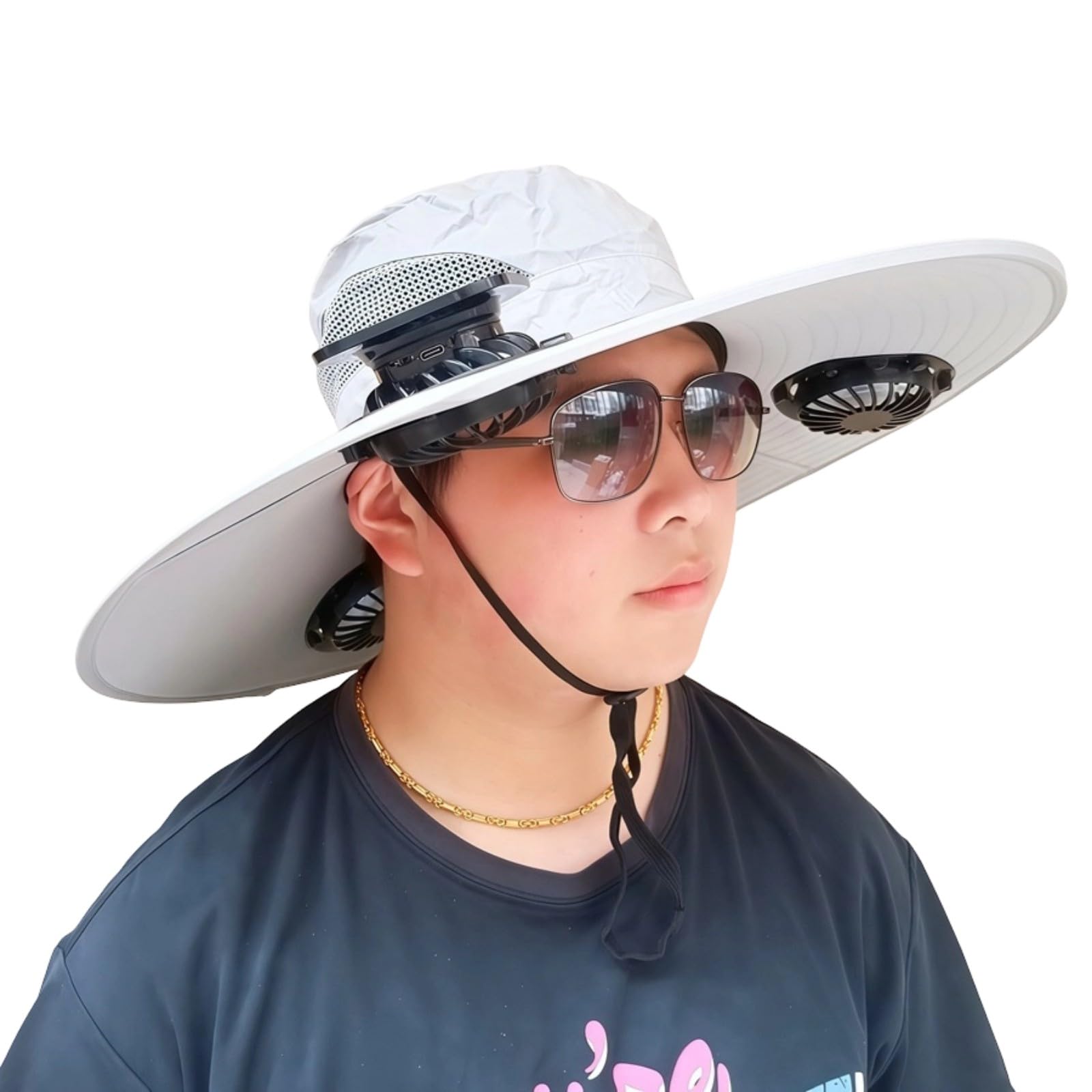 Cooling Sun Hat with Wide Brim Shade and Chin Cord, Wearable Solar Fan Hat for Hiking Fishing and Travel Solar Fan Wide Brim Cooling Sunhat Outdoor Shade Cap Wearable Camping Fishing Hiking Gardening