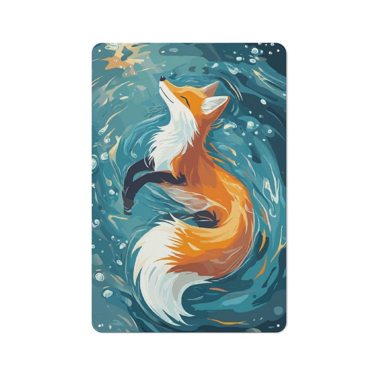 Fox Floating in Water Illustration Vintage Metal Wall Decor 30x20cm, Tin Sign for Cafe, Pub, Workshop Or Home Bar, Small Accent for Blank Walls