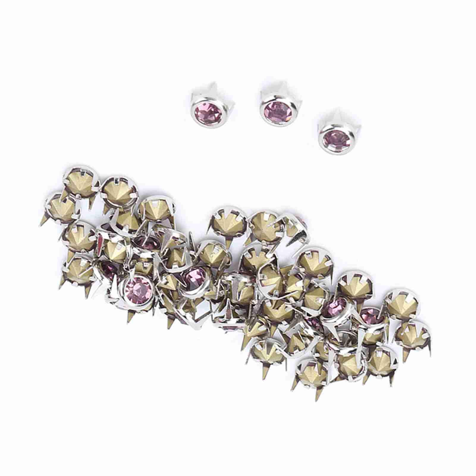 Grade A Crystal Rhodolite Decoration Set Shiny Solid Copper Claw Set with 50 Colorful Color Changing Crafted Gemstones (7mm Silver-Edged Pink Diamond with Pointed Base)