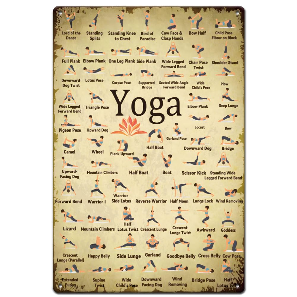 SUPERDANT Yoga Metal Signs Yoga 100 Poses Tin Signs Colorful Metal Wall Plaques Funny Poster Vintage Decoration Gym Wall Art for Girl's Bedroom Training Room Bar Pub Retro Decor