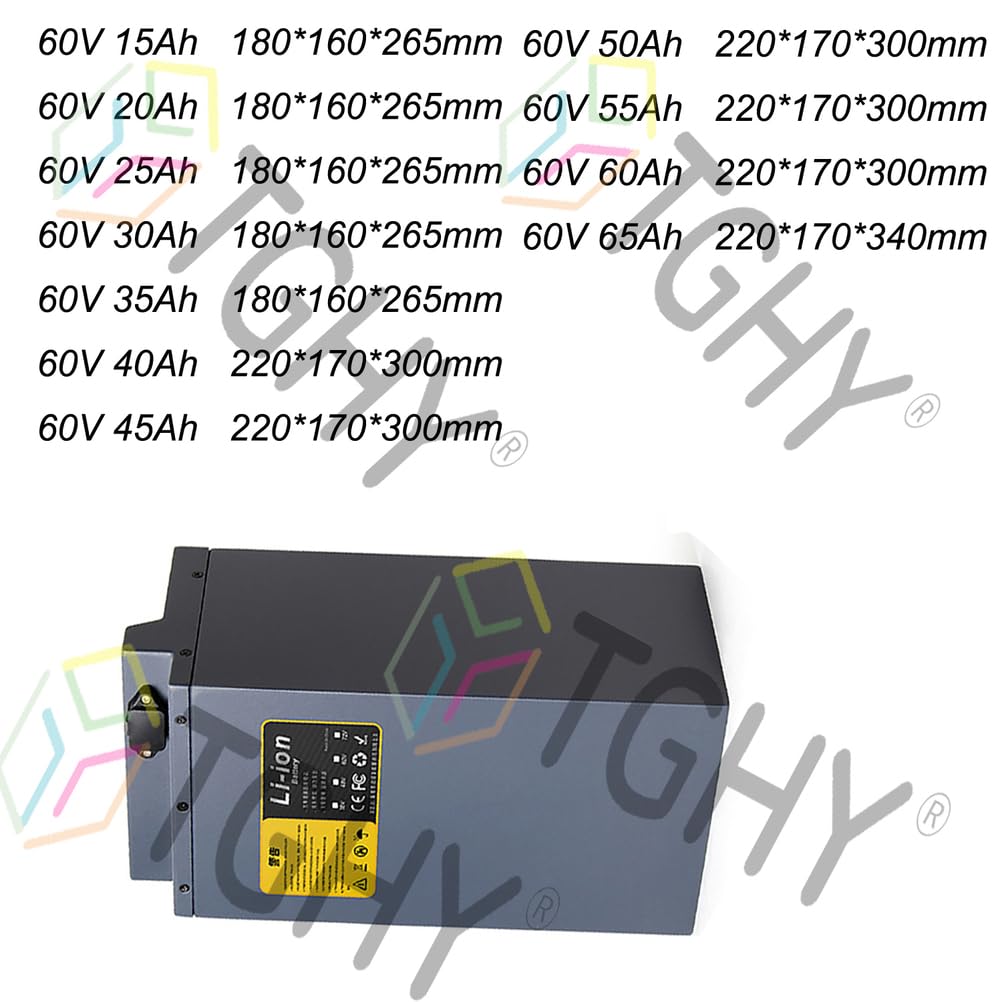 TGHY Batería de Litio para Motocicleta eléctrica de 60 V, 15 Ah, 20 Ah, 25 Ah, 30 Ah, 35 Ah, 40 Ah, 45 Ah, 50 Ah, 55 Ah, 60 Ah y 65 Ah, con Cargador para Motores de 0 a 3900 W.,60v 40ah