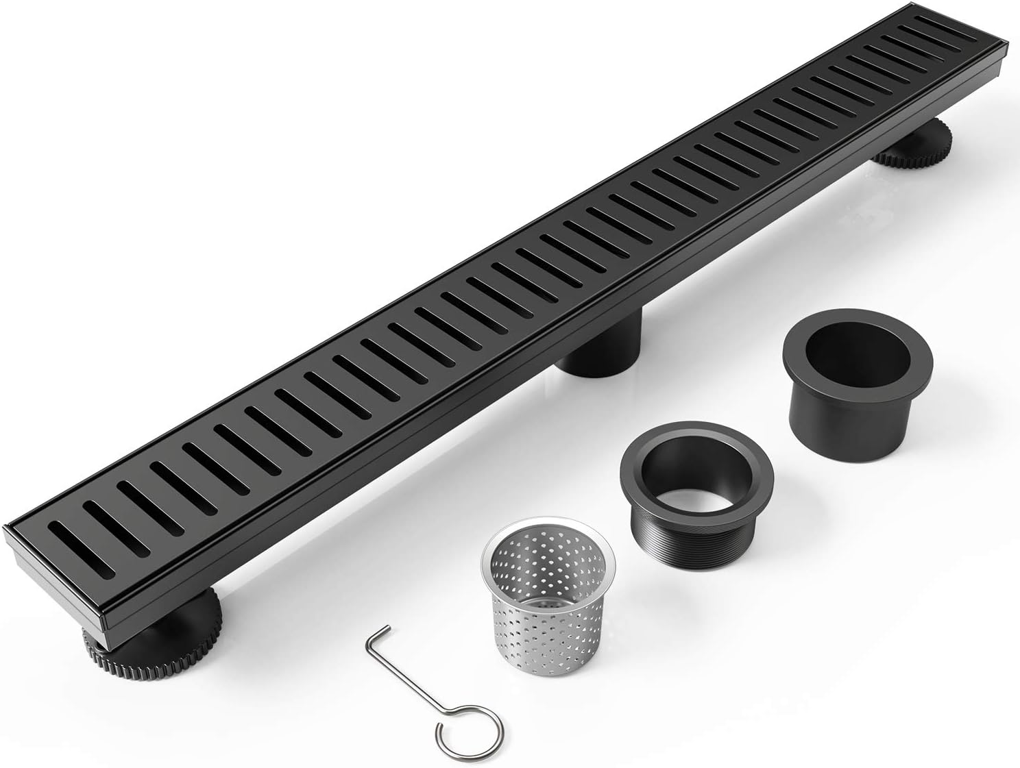 WEBANG 24 Inch Shower Linear Black Drain Rectangular Floor Drain with Accessories Capsule Pattern Cover Grate Removable SUS304 Stainless Steel CUPC Certified Matte Black