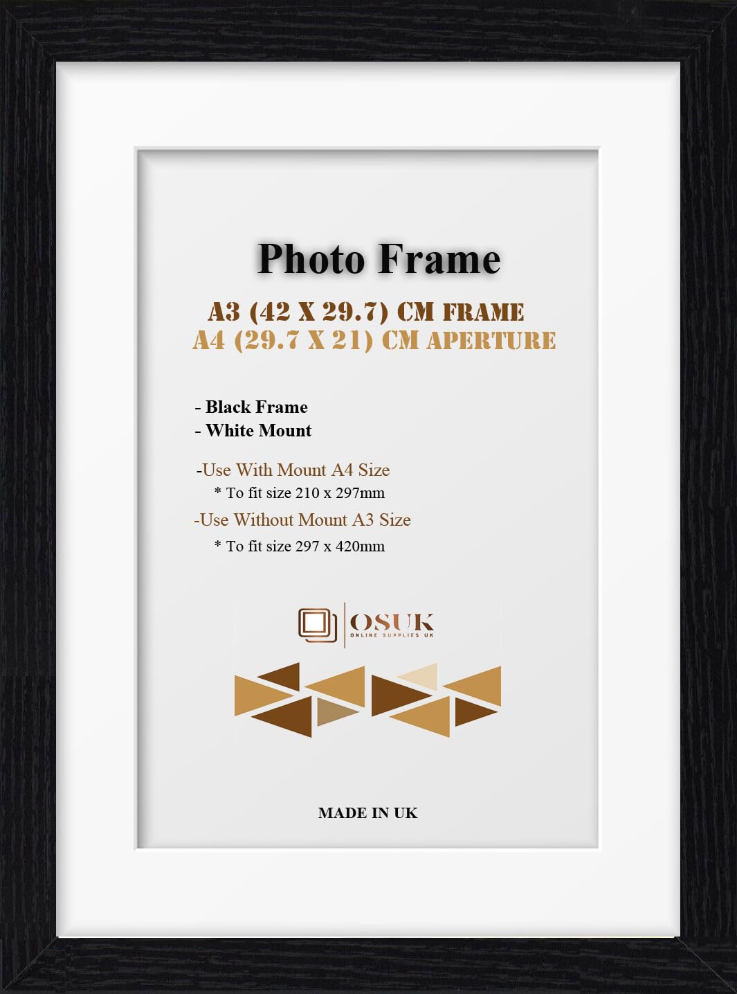 OSUK A3 Black Photo Frame With A4 White Mount - Modren Poster Frame With White Mount Clear Perspex Front & Wall Hanging Hooks - 29.7 x 42 cm Picture Frame With 21 x 29.7 cm Mount