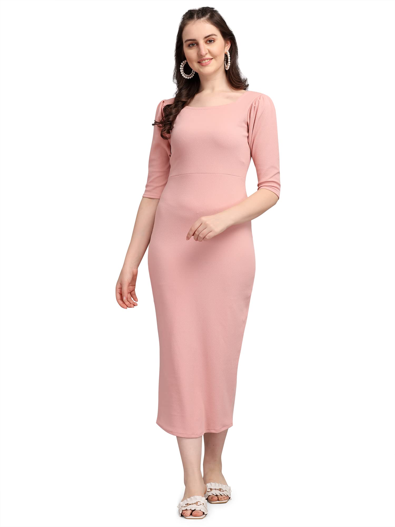 Purvaja Women's Corduroy Bodycon Midi Dress (Ruby-132-Pe-L_Peach