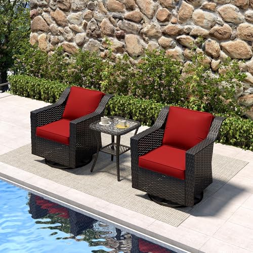 Image of 3 Piece Patio Furniture Set, Wicker Outdoor Conversation Set | Patio Chair Set with Olefin Removable Cushion, All-Weather Glider Swivel Chair Set with Deep Seat for Porch, Deck, Red