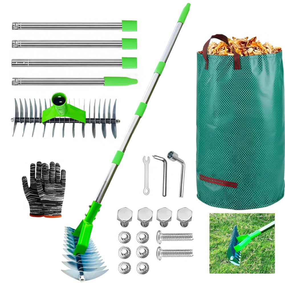 Rastrillo Escarificador para Césped con 163 cm Mango Telescópico,con Bolsa para residuos de jardín,Rastrillo Dethatcher Heavy Duty para Eliminar Hierba Muerta,Aflojar el Suelo (Verde, 163cm)