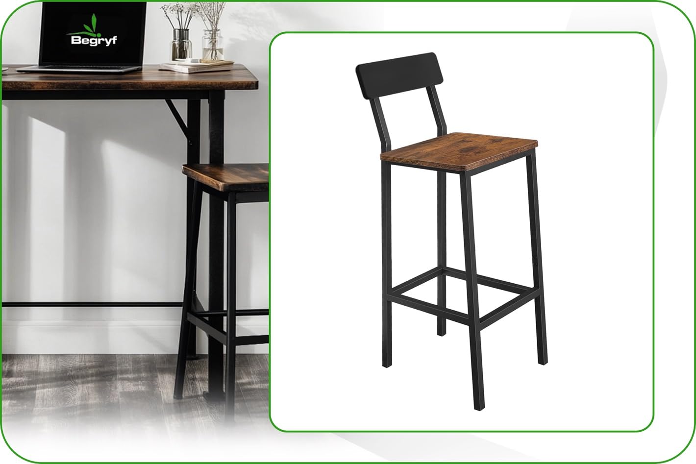 Küchenstühle, Stehhocker, Barhocker, Barhocker Holz, Küchenhocker, Barstuhl, Hocker mit Rückenlehne, Stabiler Hochstuhl für Küche Bar Theke, Industrial Design, rustikal, modern & komfortabel