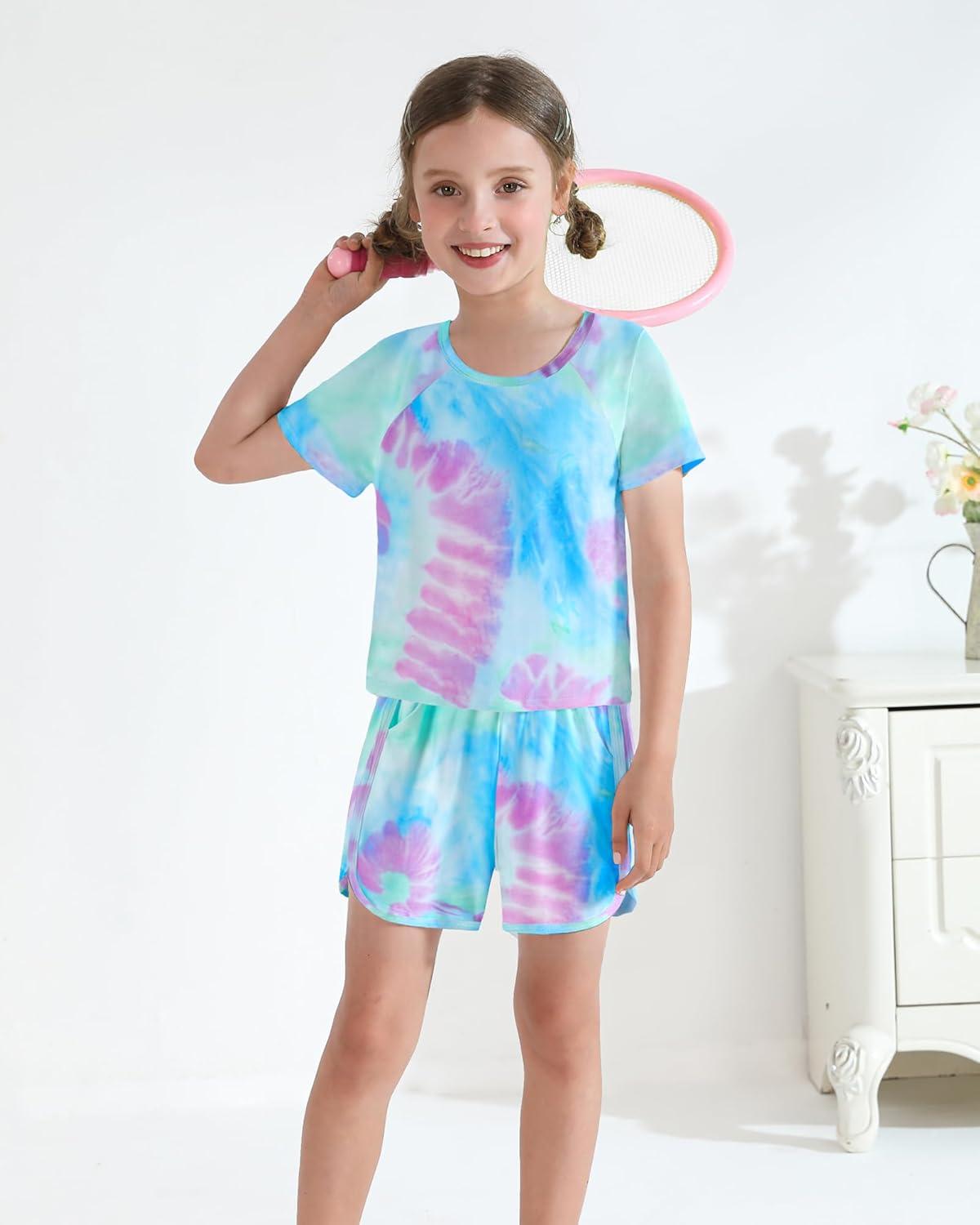 DISAUR Girls Summer Clothes 2 Piece Tie Dye Clothes for Girls T-Shirt and Shorts Set with Side Pockets 4-10 Years - Image 3