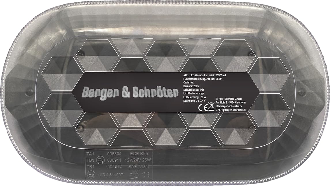 Berger & Schröter | 2er Set Akku LED Mini Warnbalken magnetisch, 12/24 V Warnlicht, Fernsteuerung per Funkfernbedienung, 4000 mAh, 7 Blitzmuster, wiederaufladbare Warnleuchte