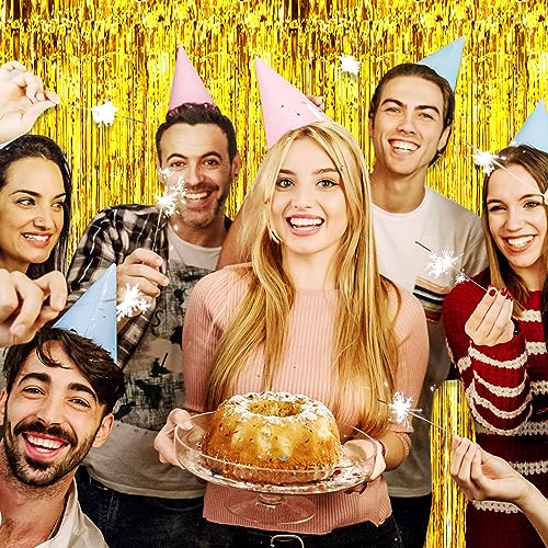 Image of 3 Pack Gold Foil Fringe Curtain Backdrop, 3.28Ft x 9.8Ft Metallic Tinsel Foil Fringe Streamer Curtains for Photo Booth, Christmas Day, Thanksgiving, Wedding, New Year Party Decorations