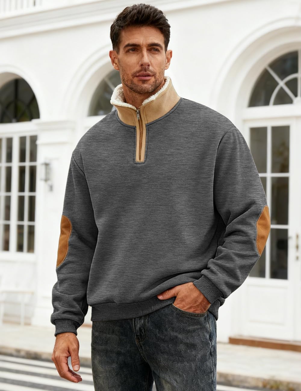 Men's Fleece Sweatshirts Vintage Quarter Zip Pullover shirt Casual Long Sleeve Sweatshirt warm tops - Image 2