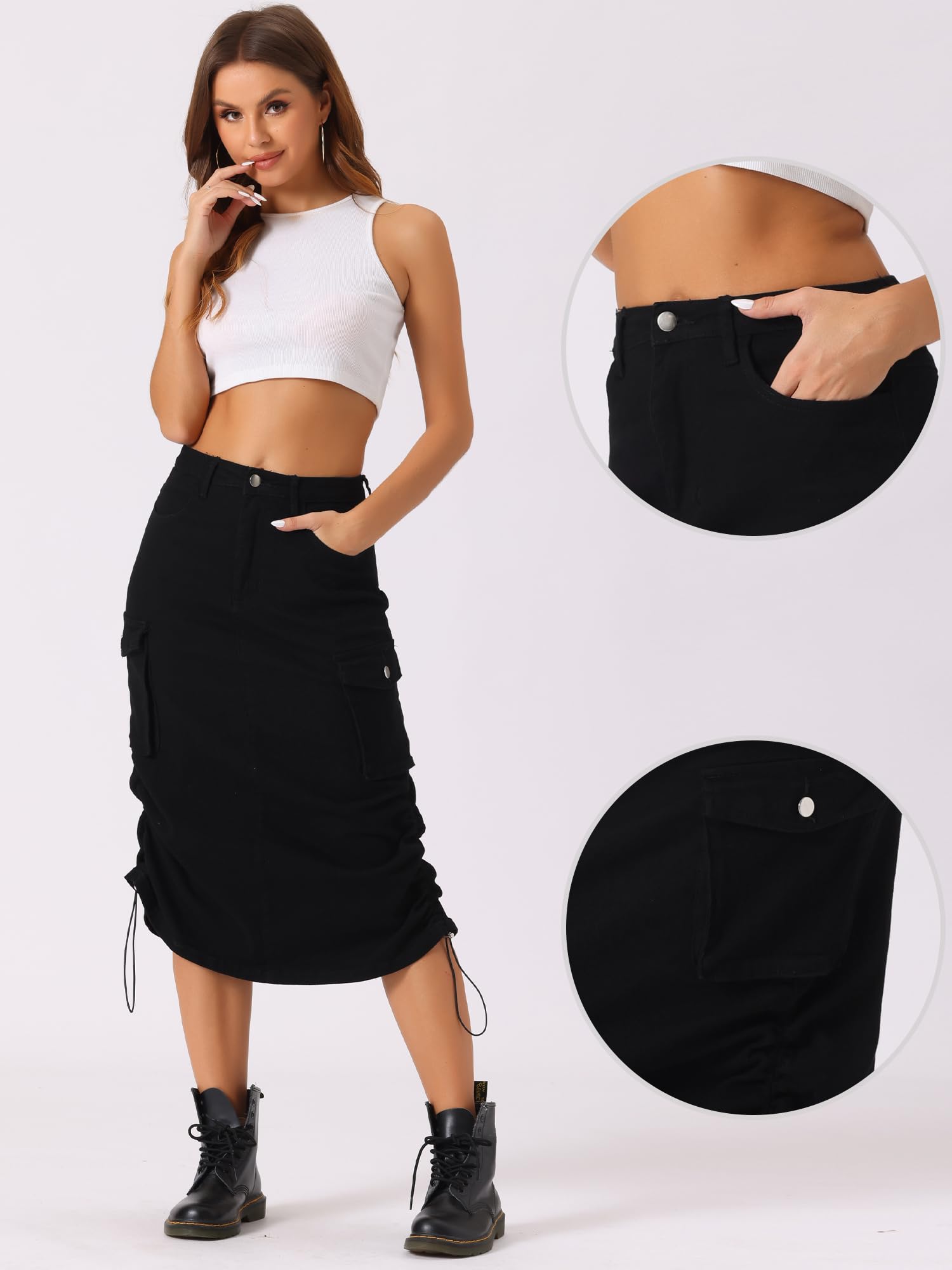 Allegra K Donna Gonna Cargo per Gonna Longuette in Denim Lunga Midi A Trapezio Casual Regolabile Y2K