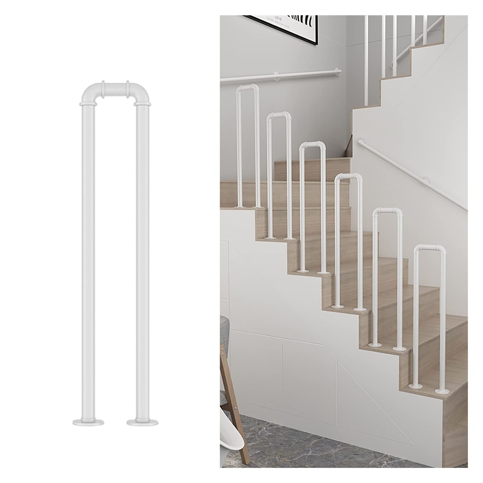 Meiiron U Shaped Staircase Handrail Non-Slip Iron Handrails for Stairs Steps, Home Indoor Villa Loft Against Corridor Support Rod Safety Banister Railing (Color : White, Size : 85cm(33.4"))