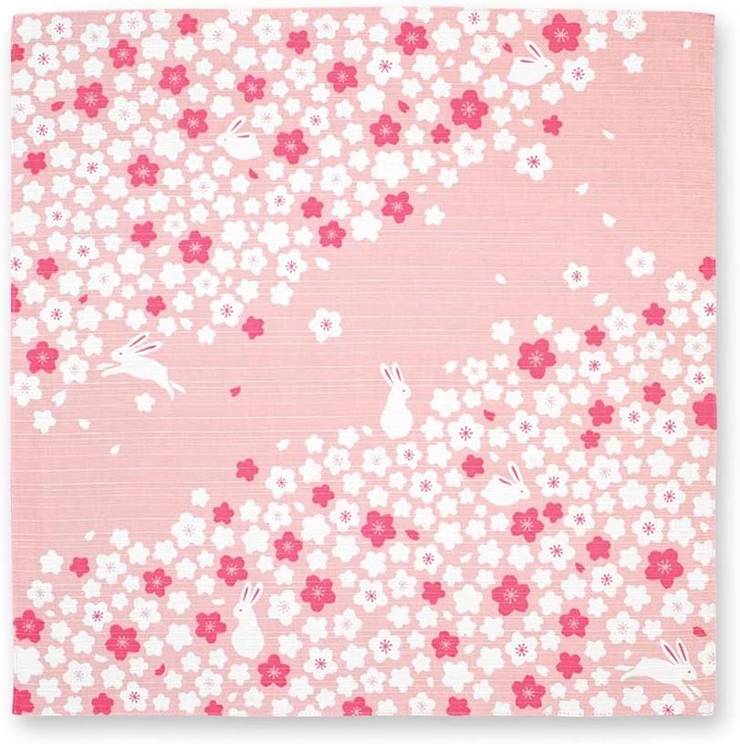 Furoshiki Japanese Traditional Wrapping Cloth, Multi-functional Bag, Cherry Blossoms and Rabbit, Small Size, Made in Japan, 19.6" x 19.6"