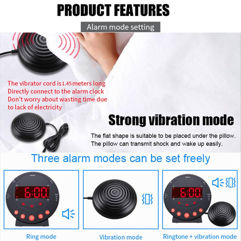 TS-BC600 Reloj Despertador con vibración Fuerte y luz de Flash para agitar la Cama Brillo Ajustable Snooze Ajuste de Alarma Dual Pantalla LED USB