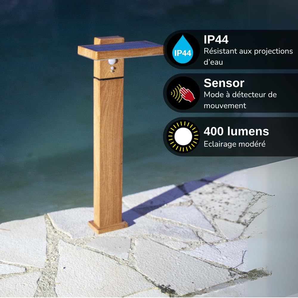 Xanlite SO1911W Xanlite-SO1911W Solarleuchte, 600 Lumen, IP44, Bewegungsmelder, 3 Betriebsmodi, neutralweiß, Aluminium + Kunststoff-Finish aus Holz, Schwarz