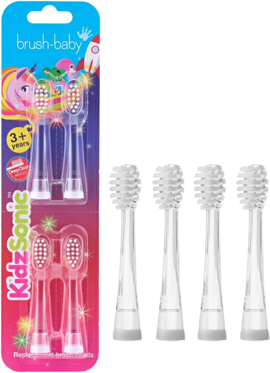 Brush-Baby - Cabeçotes Substitutos para Escovas Elétricas KidzSonic, 3+ Anos - Cabeçotes de Escova Substituíveis DeepClean com LED - Pacote com 4 unidades