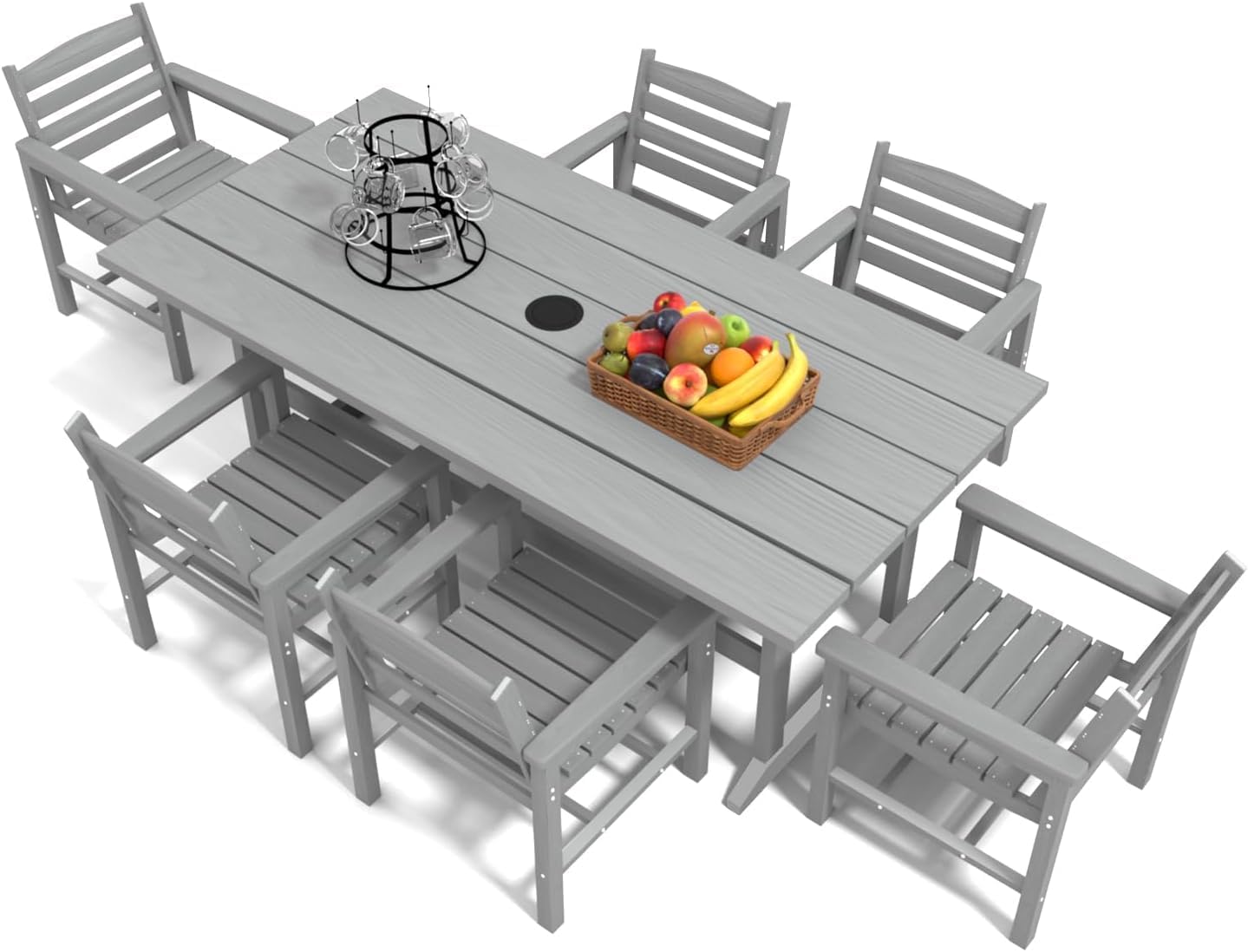 7 Pieces Patio Dining Table Set, HDPE Outdoor Table and Chairs, All-Weather Wood Furniture Dining Table with 1.96" Umbrella Hole for Backyard,Garden and Poolside (Grey, 7-Piece)