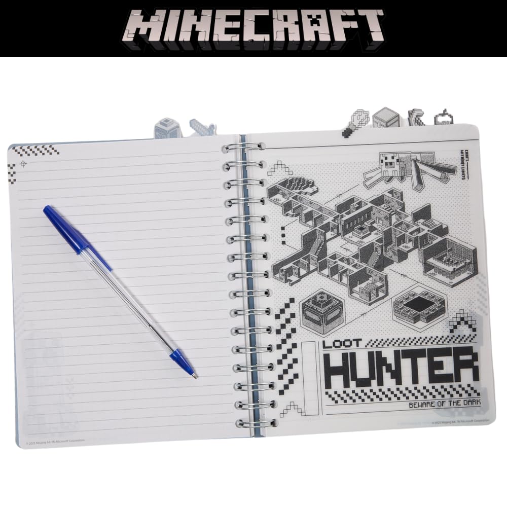 Carnet de notes Minecraft pour enfants avec onglets, à reliure spirale, 144 pages lignées, 20,3 x 17,8 cm