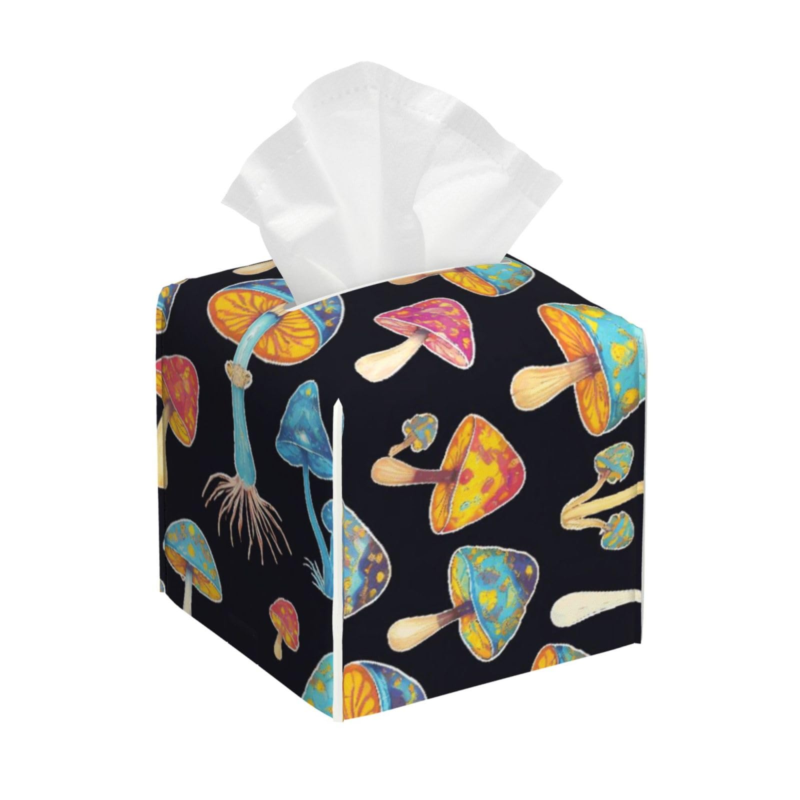 Colorful Neon Mushrooms Leather Tissue Box Cover Holder Square Facial Paper Organizer 5.2" X 5.2" X 5.2"
