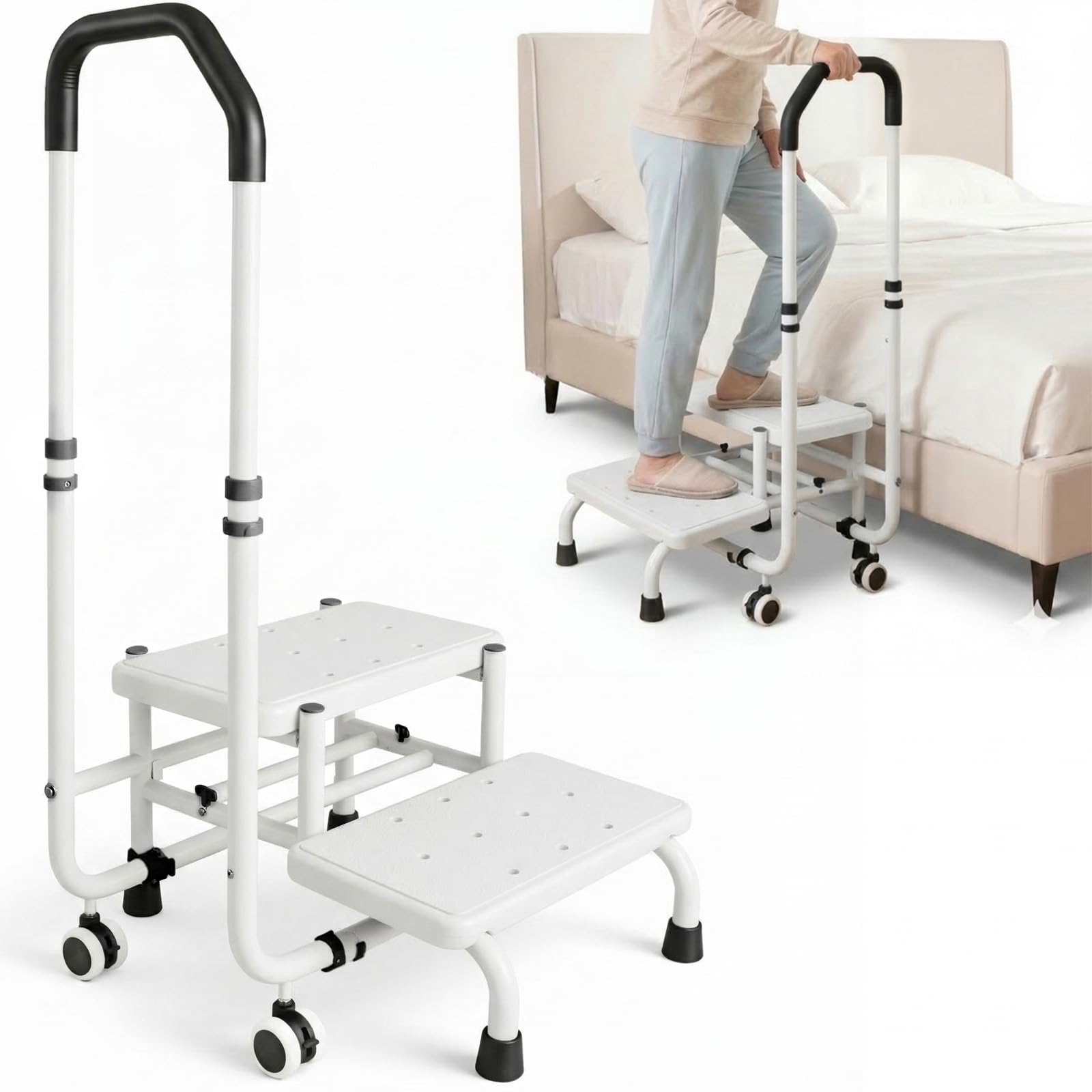 Stołek z uchwytem – stopień wanny z uchwytem, 5 wysokości od 95 cm do 105 cm, nośność do 100 kg, do łóżka, kuchni, przyczepy kempingowej, wanny, pomoc przy wejściu